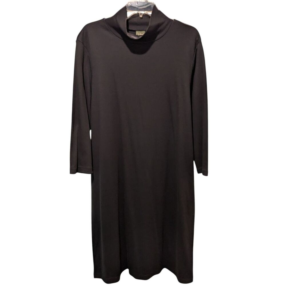 L.L.Bean XL Cotton Dress Black Midi Minimalist Casual T-Shirt Soft Cowl Neck